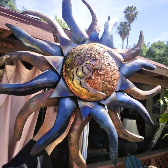 Gorgeous Mixed Metals Handmade Celestial Sunburst & Half Moon Face Sculpture - Picture 7 of 12